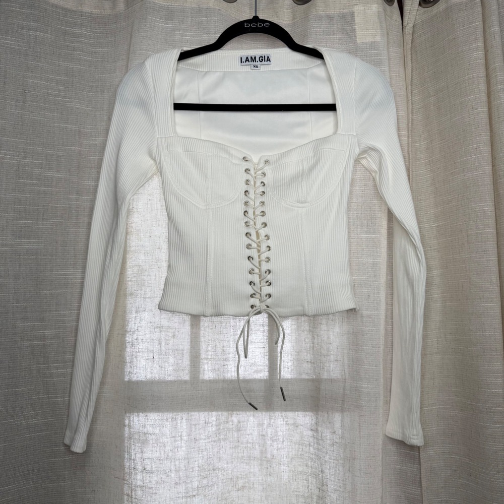 I AM GIA Portia Lace Up Top Corset Bustier White Long Sleeves Stretch Cute‎ XS